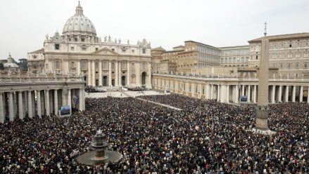 Thousands of people jam the square during the Mass for the repose of Pope John Paul II's soul, April 3, 2005 in St. Peter's Square in Vatican City.