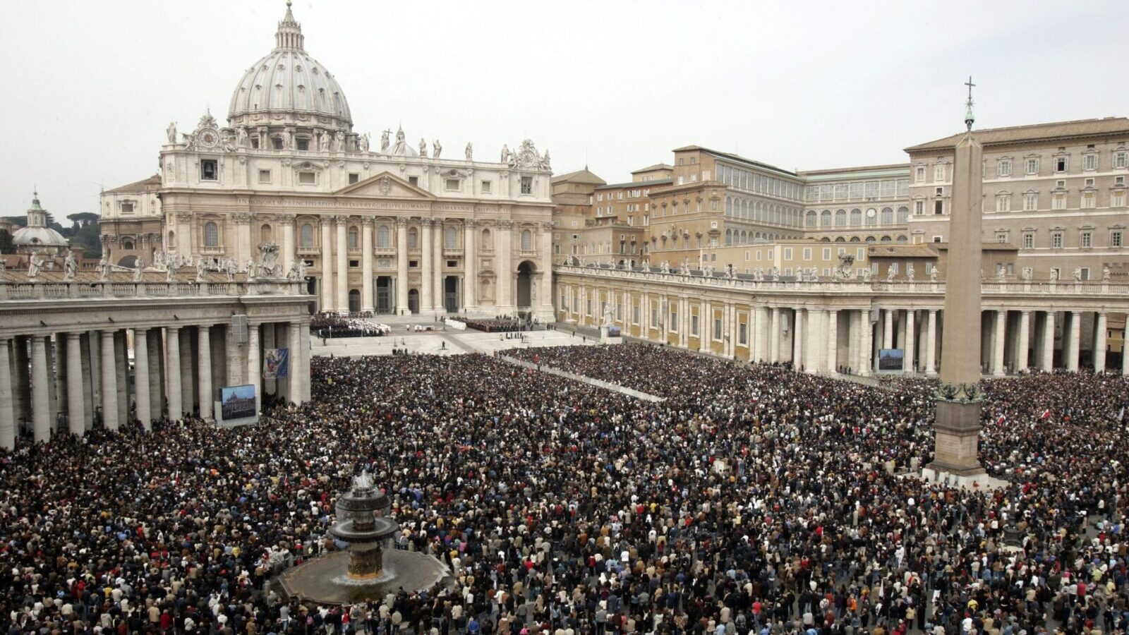 Thousands of people jam the square during the Mass for the repose of Pope John Paul II's soul, April 3, 2005 in St. Peter's Square in Vatican City.