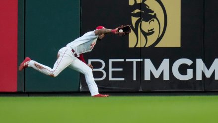 Cincinnati Reds right fielder Will Benson (30) catch up to a hard-hit line drive off the bat of Seattle Mariners shortstop J.P. Crawford (3) in the third inning of the MLB interleague between the Cincinnati Reds and the Seattle Mariners at Great American Ball Park in downtown Cincinnati on Tuesday, Sept. 5, 2023. The Mariners led 2-1 after three seasons.