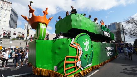 Feb 8, 2025; New Orleans, LA, USA; The DraftKings float during the Super Bowl LIX Host Committee Parade. Mandatory Credit: Kirby Lee-Imagn Images