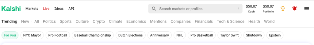 Kalshi home page screenshot