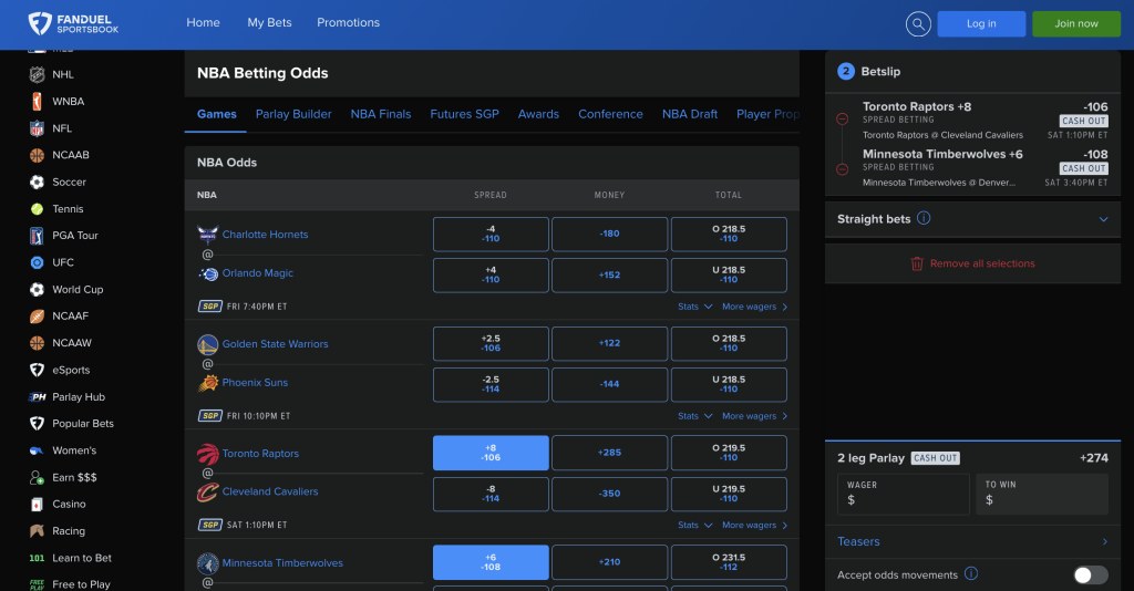 FanDuel Sportsbook interface for comparison