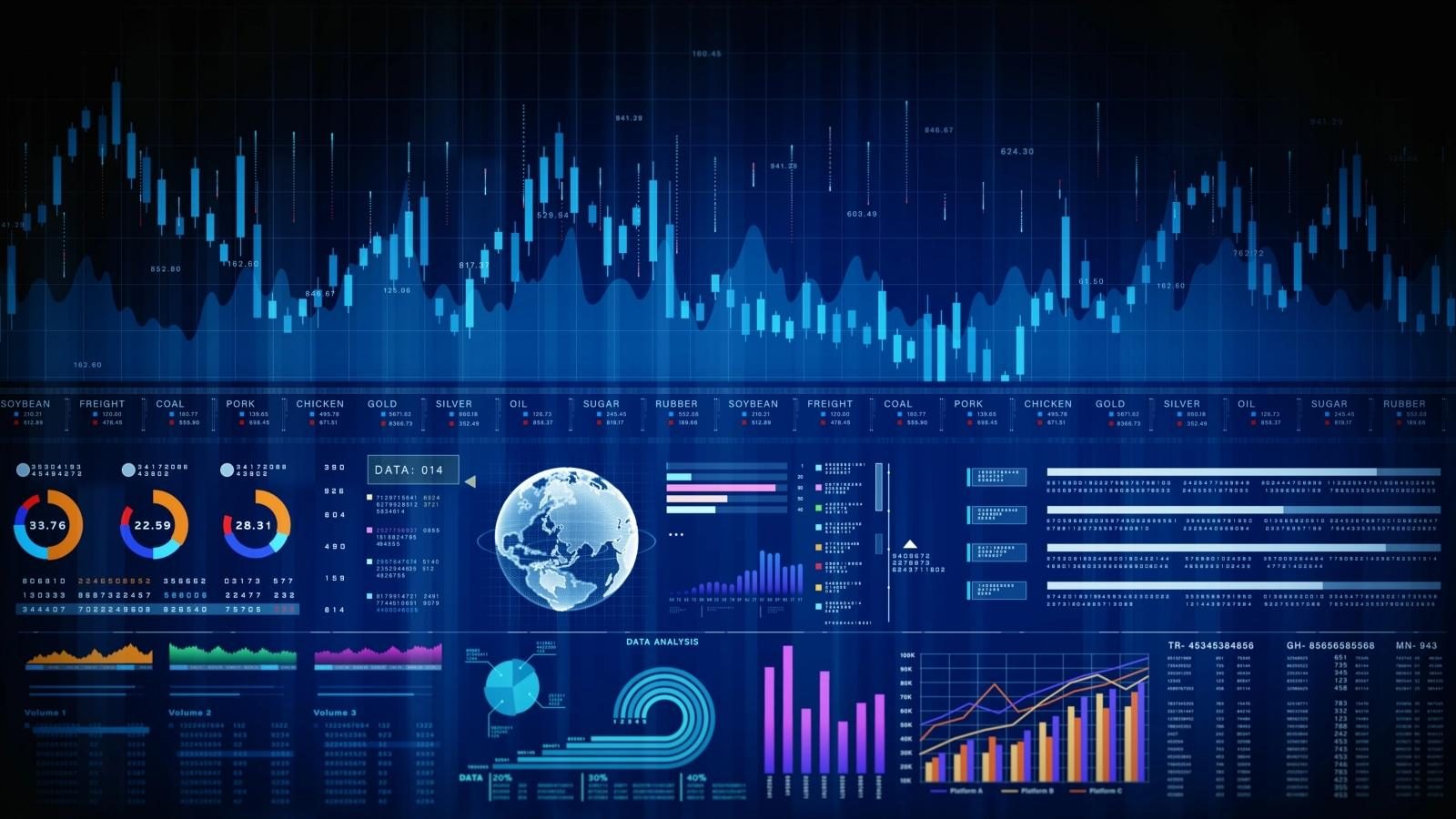 Global finance dashboard with charts, world map, and trading performance data. 3D rendering.