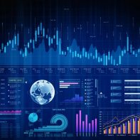 Global finance dashboard with charts, world map, and trading performance data. 3D rendering.