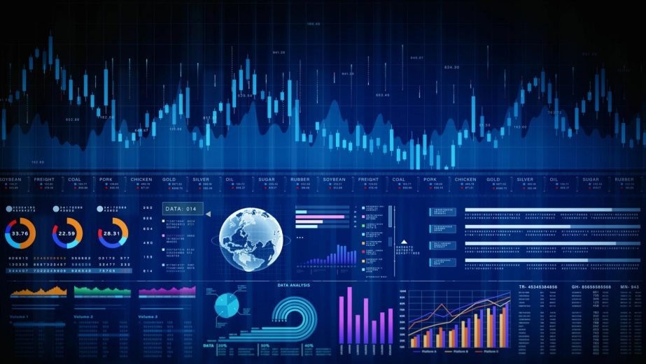 Global finance dashboard with charts, world map, and trading performance data. 3D rendering.