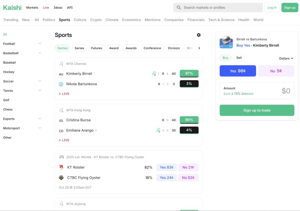 A screenshot of Kalshi on the sports markets page.