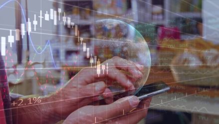 Blue stock market display with a globe, white tickers, and rising and falling price graphs.