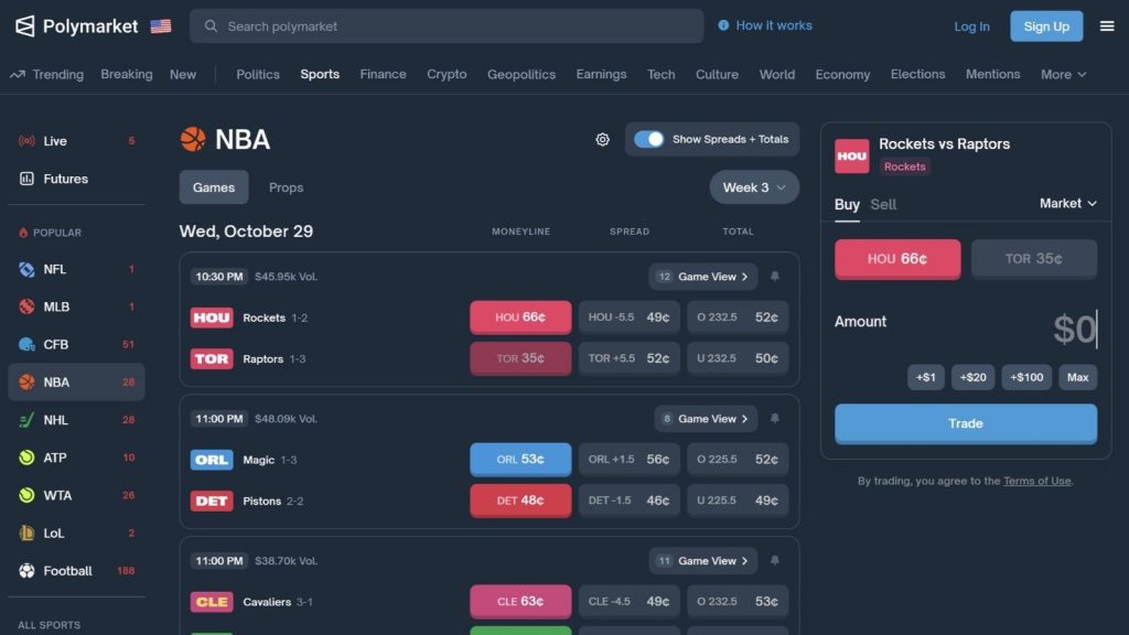 Polymarket prediction market screenshot showing NBA markets in dark mode.
