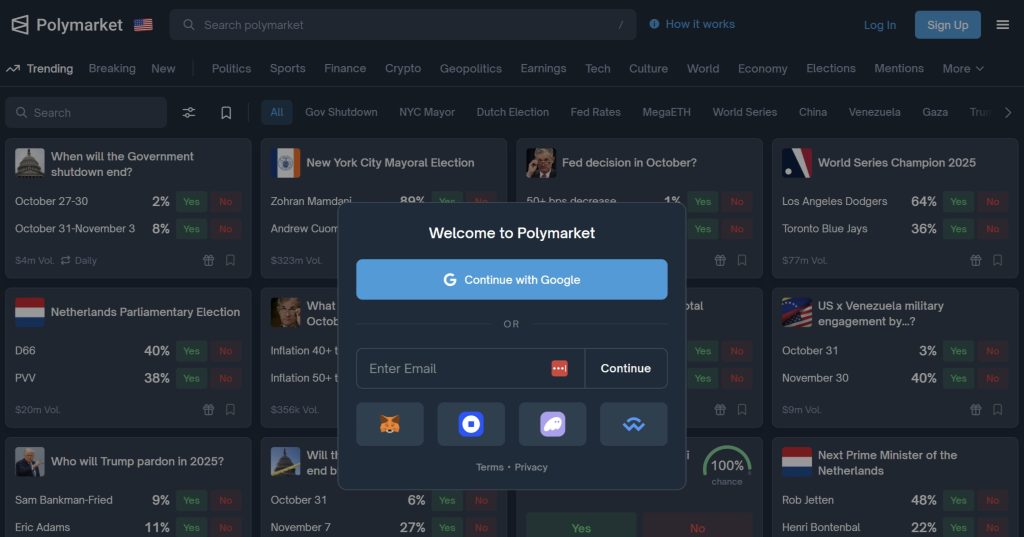 Screenshot of Polymarket signup and sign in options, including with popular crypto wallets.