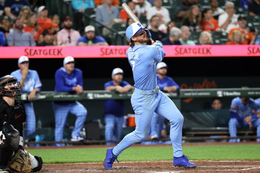Bobby Witt Jr. swinging at Oriole Park at Camden Yards.