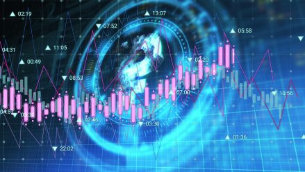 Digitally generated image of financial data scanning, with a currency symbol on a black background.