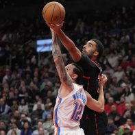 Mar 22, 2024; Toronto, Ontario, CAN; Toronto Raptors forward Jontay Porter (34) gets to a rebound against Oklahoma City Thunder forward Lindy Waters III (12) during the second half at Scotiabank Arena. Mandatory Credit: John E. Sokolowski-USA TODAY Sports