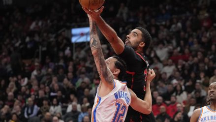 Mar 22, 2024; Toronto, Ontario, CAN; Toronto Raptors forward Jontay Porter (34) gets to a rebound against Oklahoma City Thunder forward Lindy Waters III (12) during the second half at Scotiabank Arena. Mandatory Credit: John E. Sokolowski-USA TODAY Sports