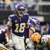 Jan 4, 2026; Minneapolis, Minnesota, USA; Minnesota Vikings wide receiver Justin Jefferson (18) in action during the game against the Green Bay Packers at U.S. Bank Stadium. Mandatory Credit: Jeffrey Becker-Imagn Images