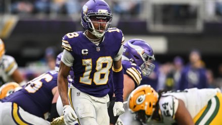 Jan 4, 2026; Minneapolis, Minnesota, USA; Minnesota Vikings wide receiver Justin Jefferson (18) in action during the game against the Green Bay Packers at U.S. Bank Stadium. Mandatory Credit: Jeffrey Becker-Imagn Images