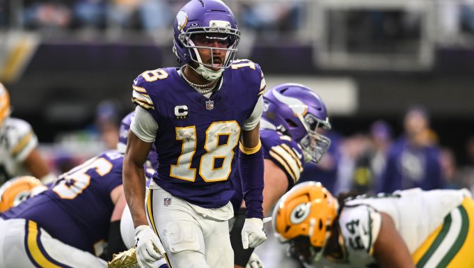 Jan 4, 2026; Minneapolis, Minnesota, USA; Minnesota Vikings wide receiver Justin Jefferson (18) in action during the game against the Green Bay Packers at U.S. Bank Stadium. Mandatory Credit: Jeffrey Becker-Imagn Images